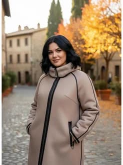 Двусторонняя дубленка искусственная с капюшоном длинная
